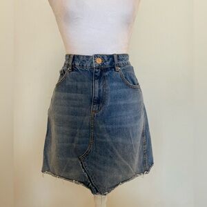 Dynamite Medium Wash Denim Skirt – Asymmetrical Raw Edge, Size M, 100% Cotton